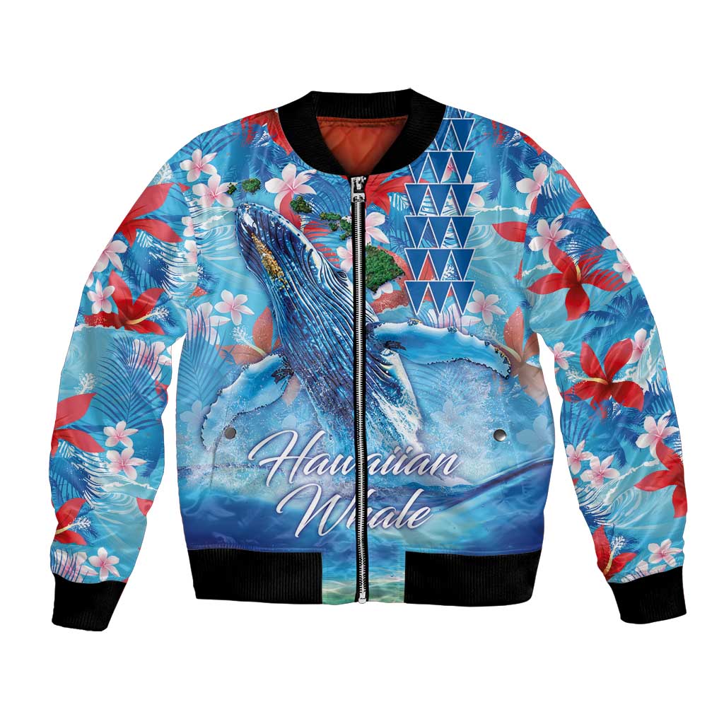 Hawaiian Waves Whale Bomber Jacket Kakau Art and Tropical Red Hibiscus Flowers