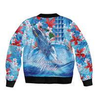 Hawaiian Waves Whale Bomber Jacket Kakau Art and Tropical Red Hibiscus Flowers
