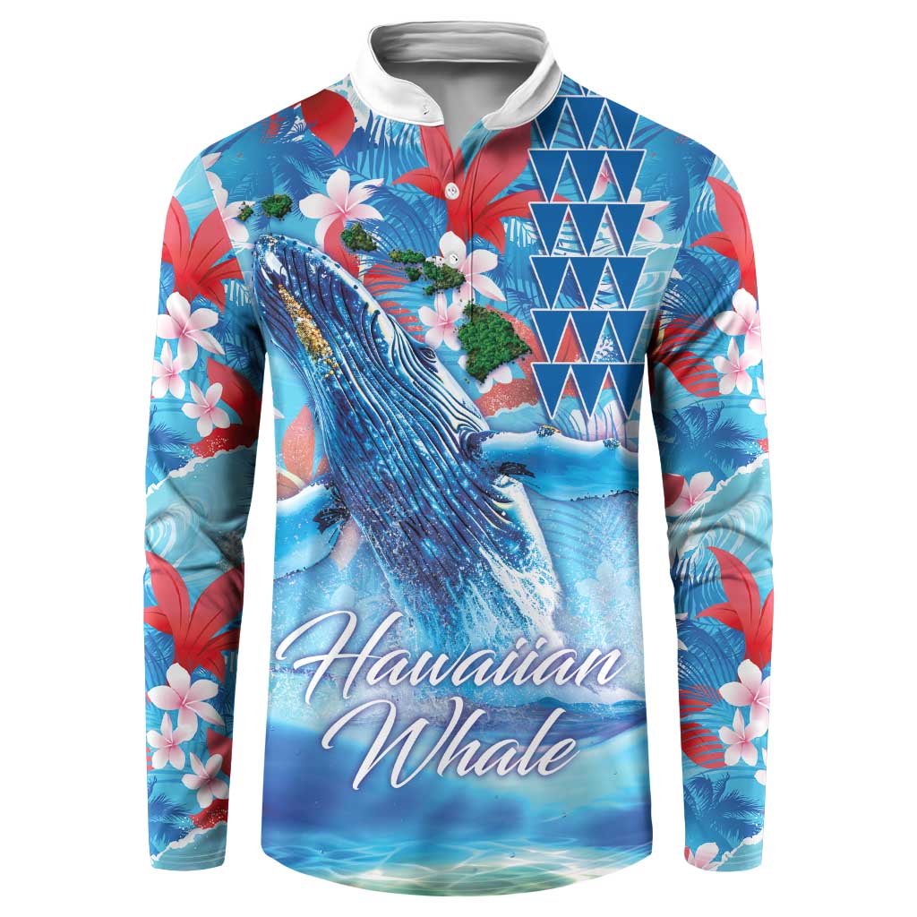 Hawaiian Waves Whale Button Sweatshirt Kakau Art and Tropical Red Hibiscus Flowers