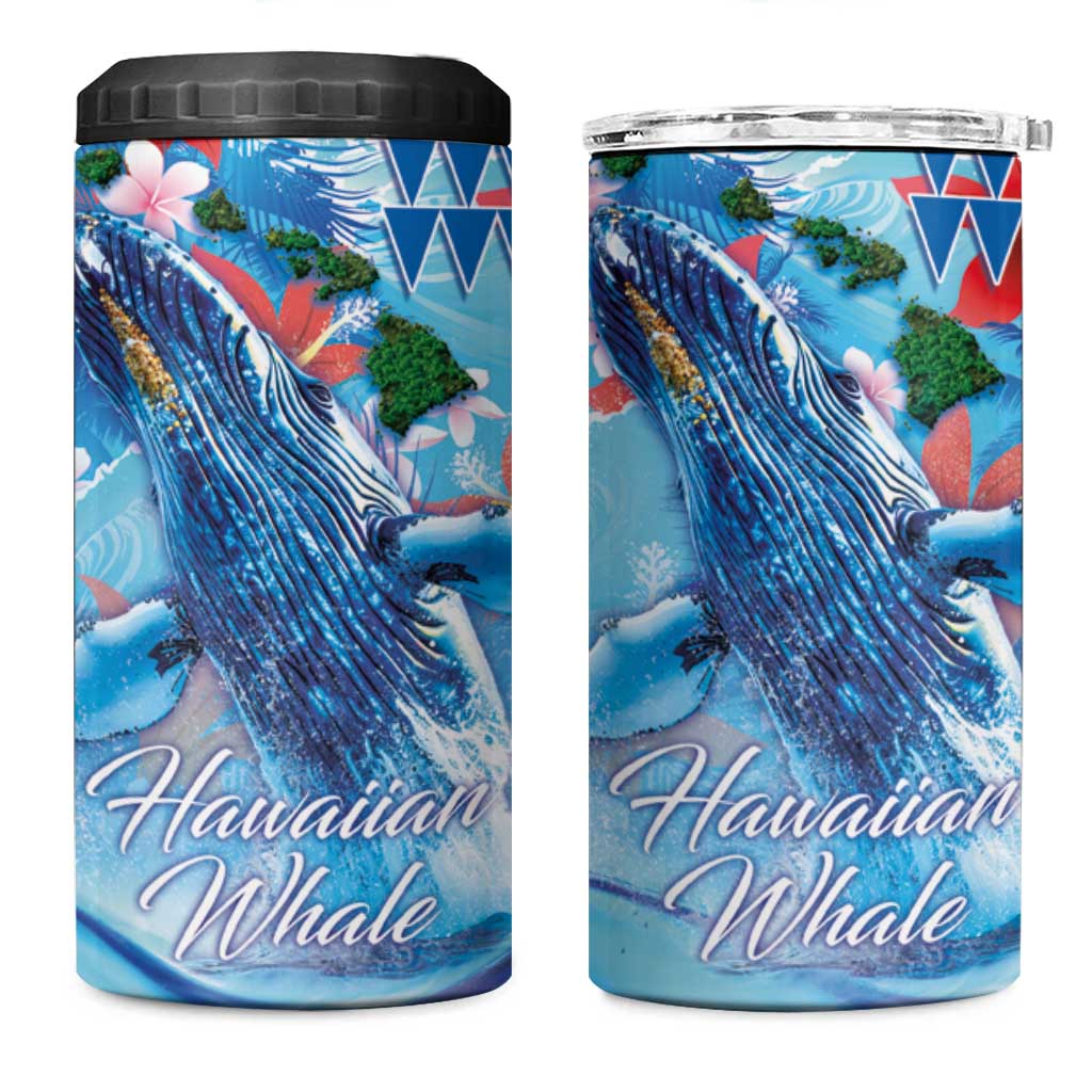 Hawaiian Waves Whale 4 in 1 Can Cooler Tumbler Kakau Art and Tropical Red Hibiscus Flowers