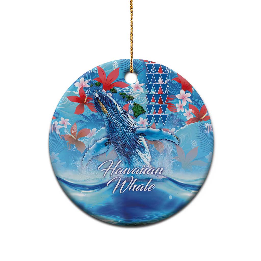Hawaiian Waves Whale Ceramic Ornament Kakau Art and Tropical Red Hibiscus Flowers