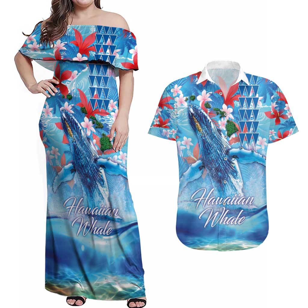 Hawaiian Waves Whale Couples Matching Off Shoulder Maxi Dress and Hawaiian Shirt Kakau Art and Tropical Red Hibiscus Flowers