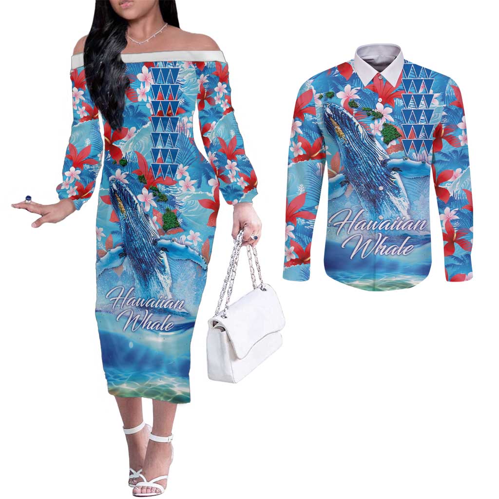 Hawaiian Waves Whale Couples Matching Off The Shoulder Long Sleeve Dress and Long Sleeve Button Shirt Kakau Art and Tropical Red Hibiscus Flowers