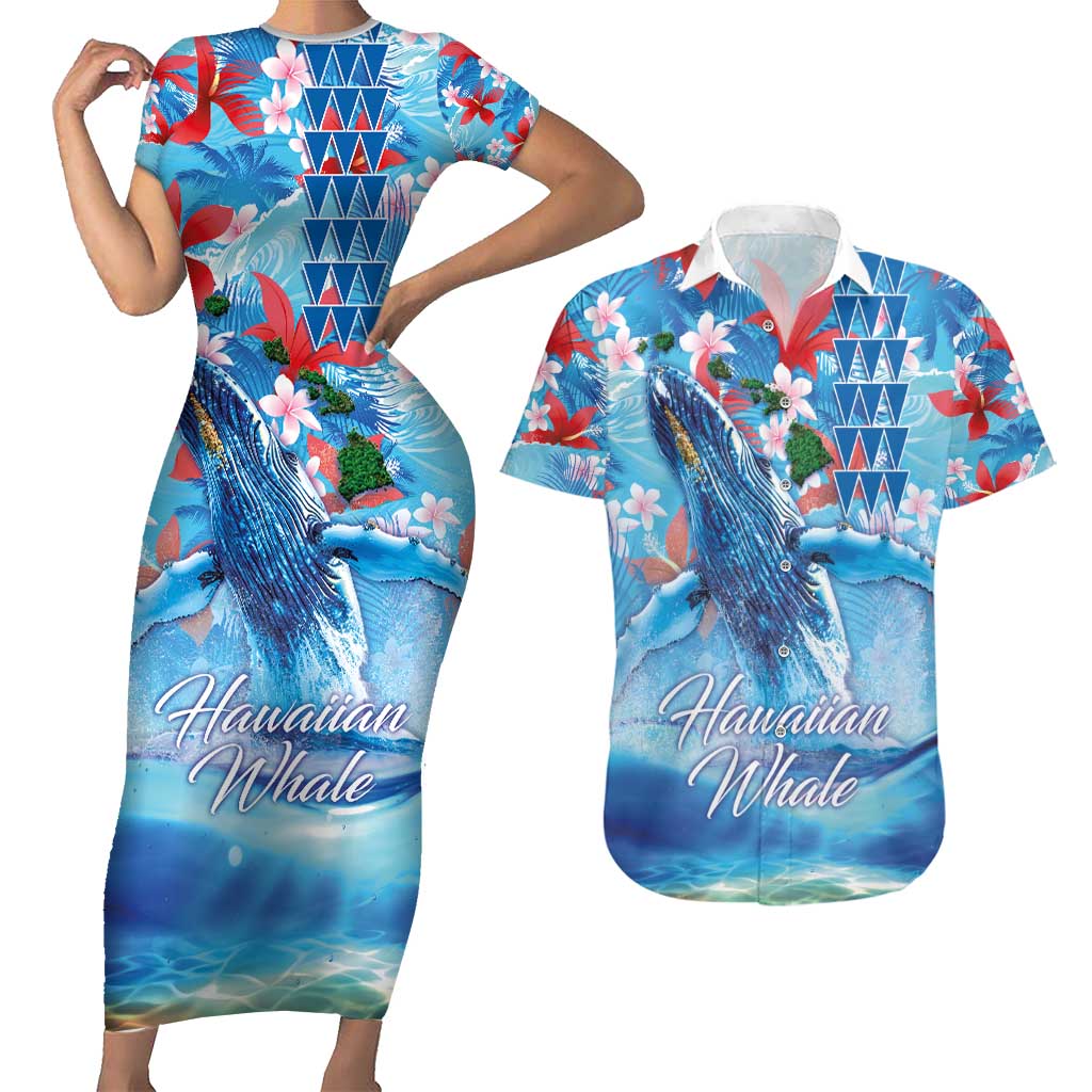 Hawaiian Waves Whale Couples Matching Short Sleeve Bodycon Dress and Hawaiian Shirt Kakau Art and Tropical Red Hibiscus Flowers