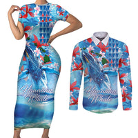 Hawaiian Waves Whale Couples Matching Short Sleeve Bodycon Dress and Long Sleeve Button Shirt Kakau Art and Tropical Red Hibiscus Flowers