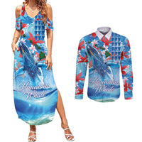 Hawaiian Waves Whale Couples Matching Summer Maxi Dress and Long Sleeve Button Shirt Kakau Art and Tropical Red Hibiscus Flowers LT03 Blue - Polynesian Pride