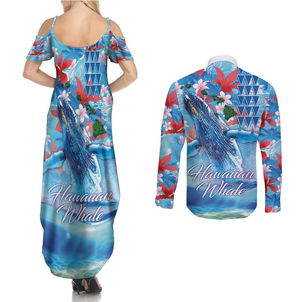 Hawaiian Waves Whale Couples Matching Summer Maxi Dress and Long Sleeve Button Shirt Kakau Art and Tropical Red Hibiscus Flowers LT03 - Polynesian Pride