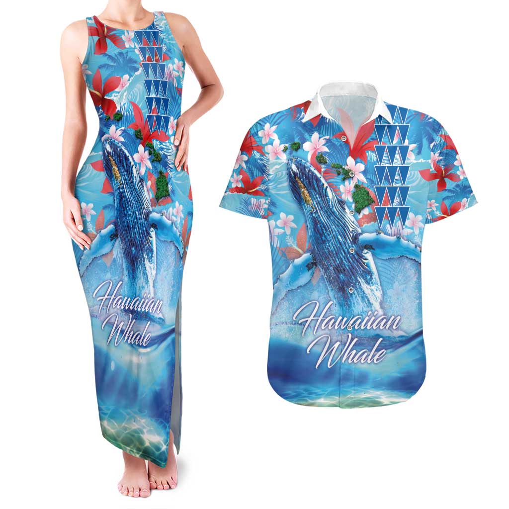 Hawaiian Waves Whale Couples Matching Tank Maxi Dress and Hawaiian Shirt Kakau Art and Tropical Red Hibiscus Flowers