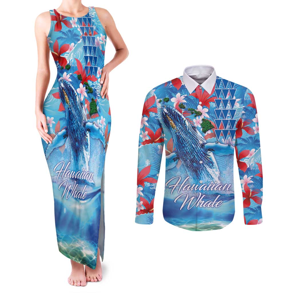 Hawaiian Waves Whale Couples Matching Tank Maxi Dress and Long Sleeve Button Shirt Kakau Art and Tropical Red Hibiscus Flowers