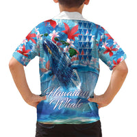 Hawaiian Waves Whale Family Matching Long Sleeve Bodycon Dress and Hawaiian Shirt Kakau Art and Tropical Red Hibiscus Flowers LT03 - Polynesian Pride
