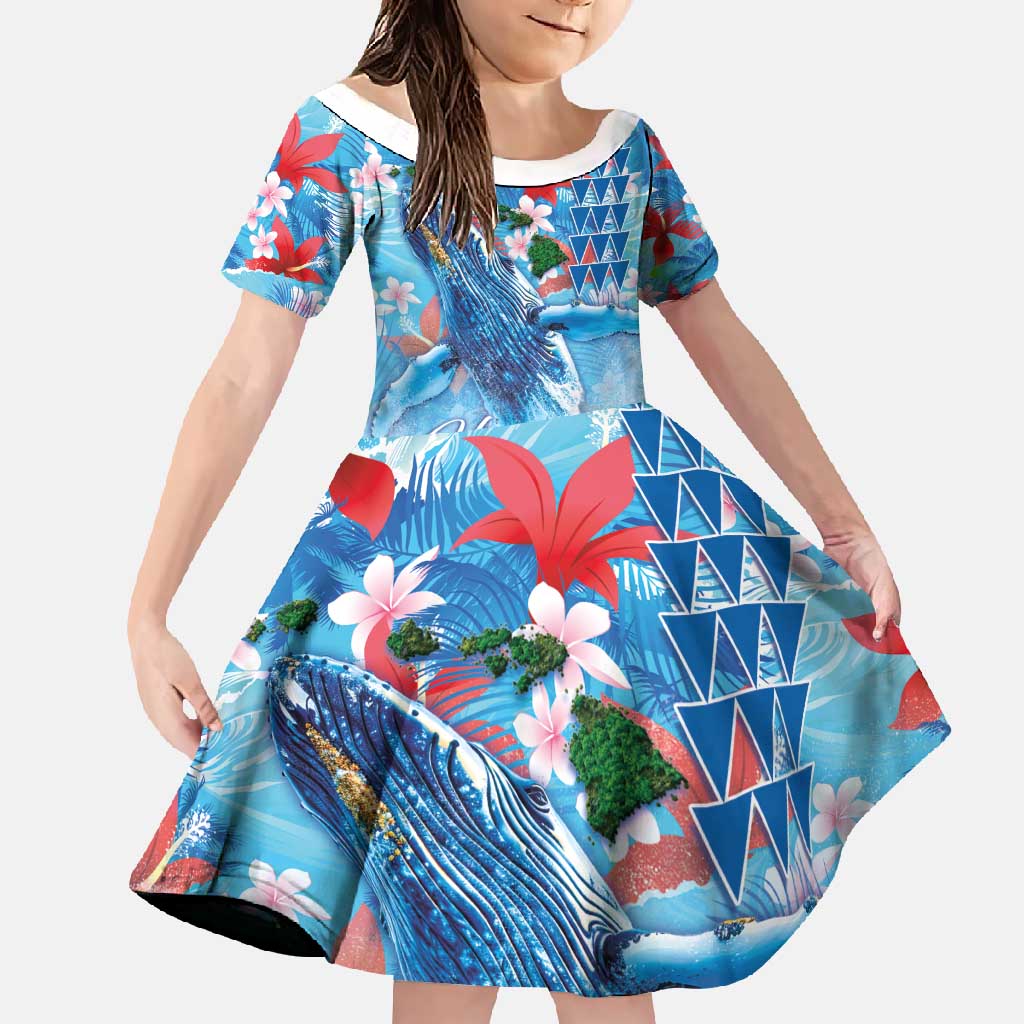 Hawaiian Waves Whale Family Matching Long Sleeve Bodycon Dress and Hawaiian Shirt Kakau Art and Tropical Red Hibiscus Flowers LT03 Daughter's Dress Blue - Polynesian Pride