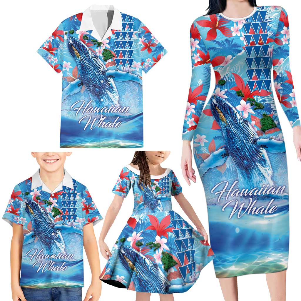 Hawaiian Waves Whale Family Matching Long Sleeve Bodycon Dress and Hawaiian Shirt Kakau Art and Tropical Red Hibiscus Flowers