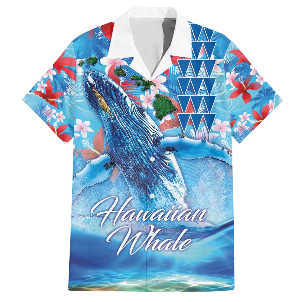 Hawaiian Waves Whale Family Matching Long Sleeve Bodycon Dress and Hawaiian Shirt Kakau Art and Tropical Red Hibiscus Flowers LT03 Dad's Shirt - Short Sleeve Blue - Polynesian Pride