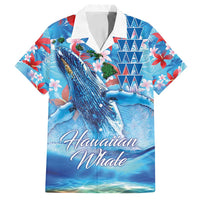 Hawaiian Waves Whale Family Matching Long Sleeve Bodycon Dress and Hawaiian Shirt Kakau Art and Tropical Red Hibiscus Flowers LT03 Dad's Shirt - Short Sleeve Blue - Polynesian Pride
