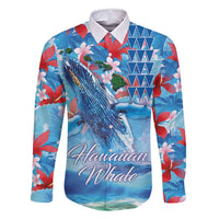 Hawaiian Waves Whale Family Matching Long Sleeve Bodycon Dress and Hawaiian Shirt Kakau Art and Tropical Red Hibiscus Flowers LT03 Dad's Shirt - Long Sleeve Blue - Polynesian Pride