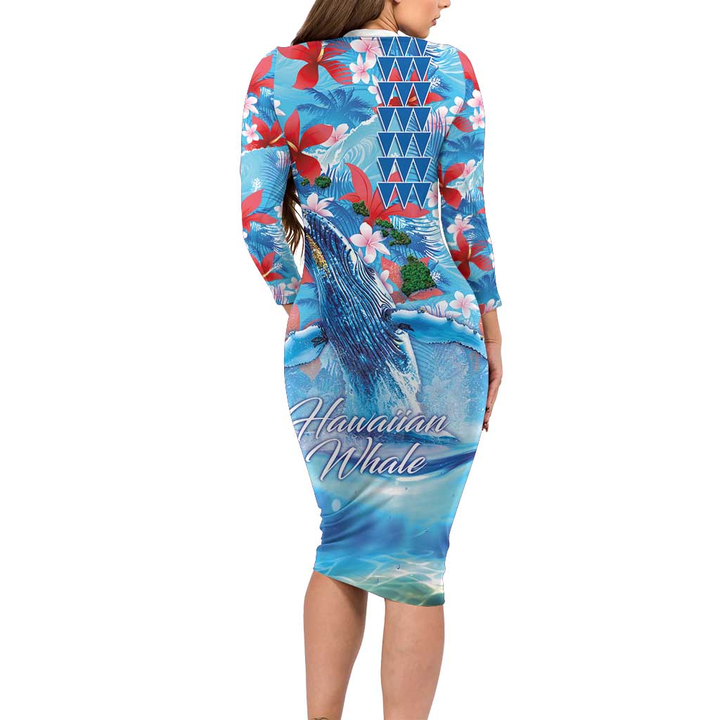 Hawaiian Waves Whale Family Matching Long Sleeve Bodycon Dress and Hawaiian Shirt Kakau Art and Tropical Red Hibiscus Flowers LT03 - Polynesian Pride