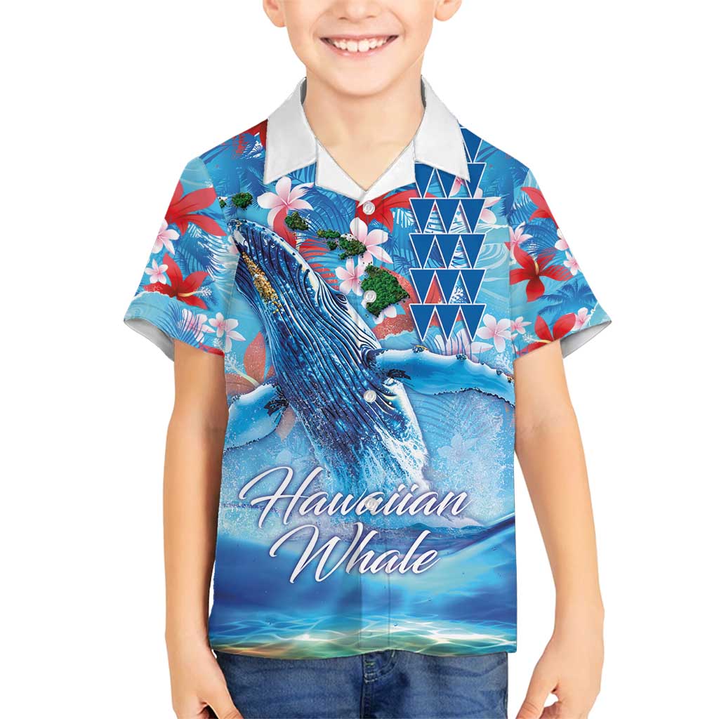 Hawaiian Waves Whale Family Matching Long Sleeve Bodycon Dress and Hawaiian Shirt Kakau Art and Tropical Red Hibiscus Flowers LT03 Son's Shirt Blue - Polynesian Pride