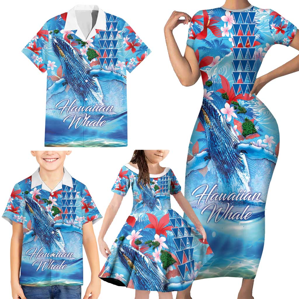 Hawaiian Waves Whale Family Matching Short Sleeve Bodycon Dress and Hawaiian Shirt Kakau Art and Tropical Red Hibiscus Flowers LT03 - Polynesian Pride