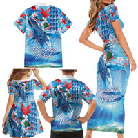 Hawaiian Waves Whale Family Matching Short Sleeve Bodycon Dress and Hawaiian Shirt Kakau Art and Tropical Red Hibiscus Flowers LT03 - Polynesian Pride