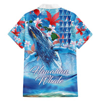 Hawaiian Waves Whale Family Matching Short Sleeve Bodycon Dress and Hawaiian Shirt Kakau Art and Tropical Red Hibiscus Flowers LT03 - Polynesian Pride