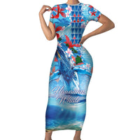 Hawaiian Waves Whale Family Matching Short Sleeve Bodycon Dress and Hawaiian Shirt Kakau Art and Tropical Red Hibiscus Flowers LT03 Mom's Dress Blue - Polynesian Pride