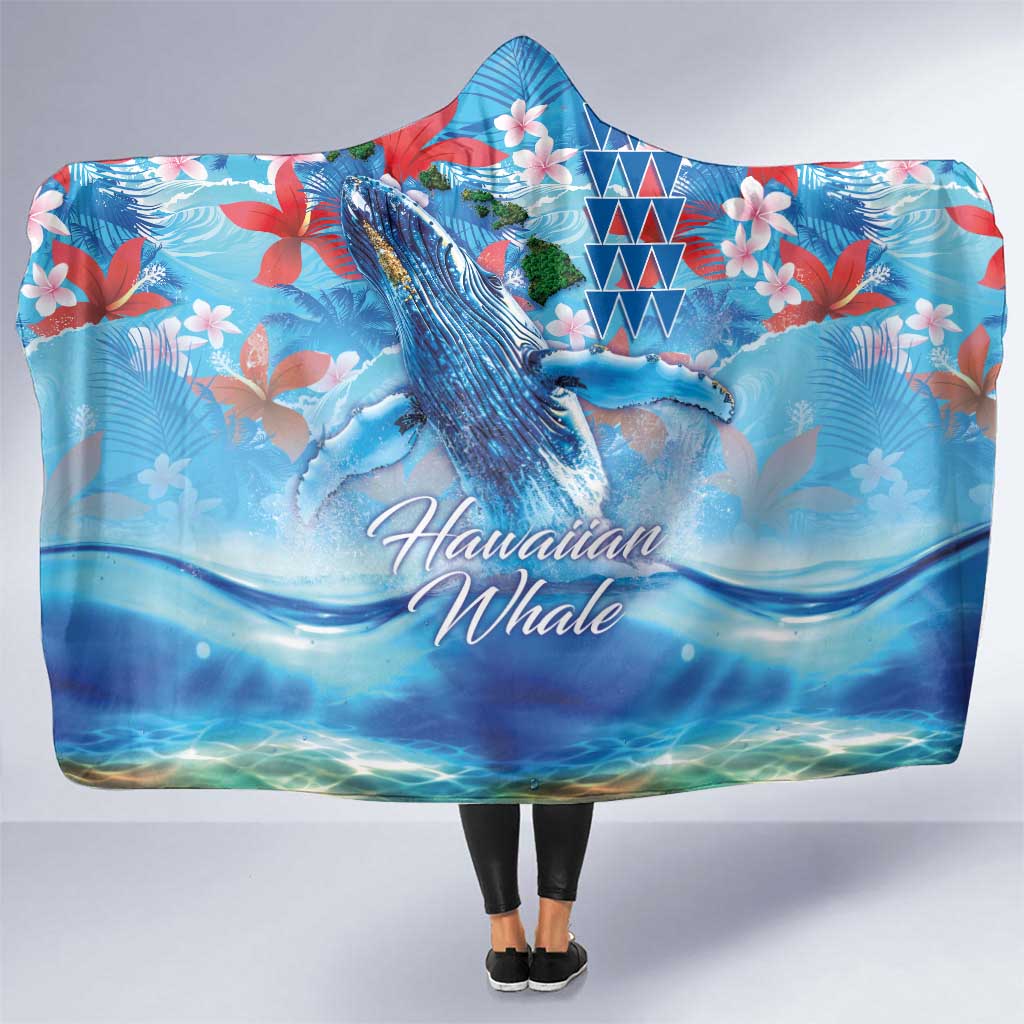 Hawaiian Waves Whale Hooded Blanket Kakau Art and Tropical Red Hibiscus Flowers