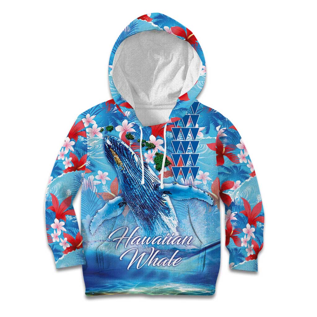 Hawaiian Waves Whale Kid Hoodie Kakau Art and Tropical Red Hibiscus Flowers