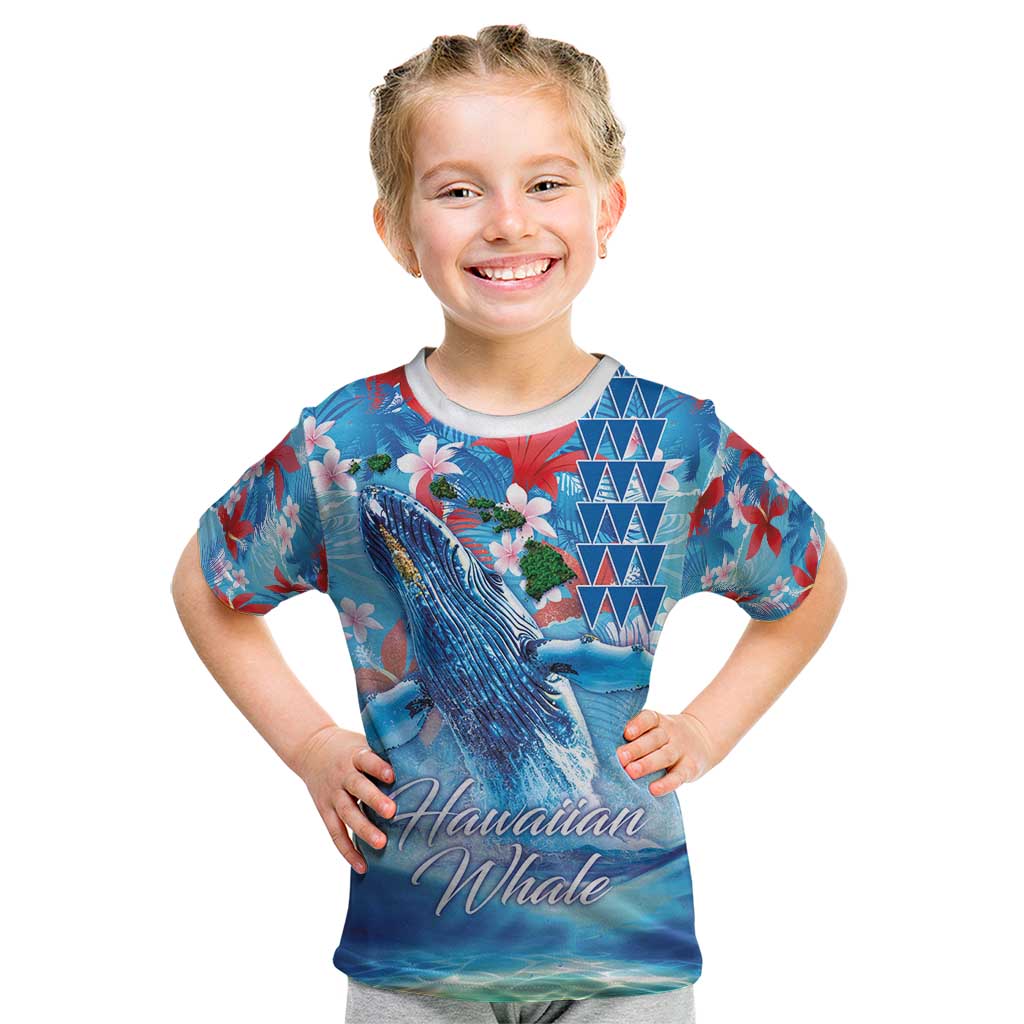 Hawaiian Waves Whale Kid T Shirt Kakau Art and Tropical Red Hibiscus Flowers