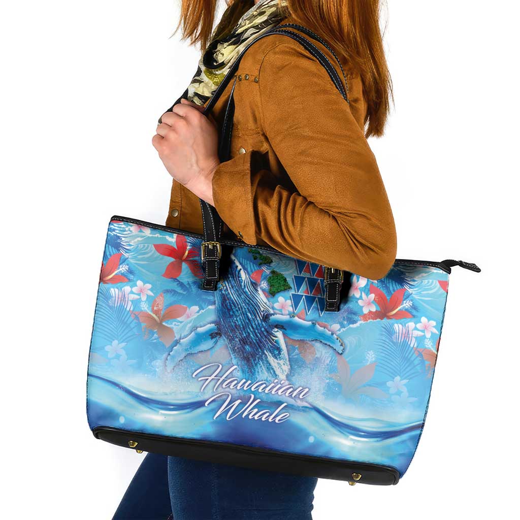 Hawaiian Waves Whale Leather Tote Bag Kakau Art and Tropical Red Hibiscus Flowers