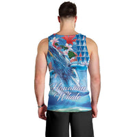 Hawaiian Waves Whale Men Tank Top Kakau Art and Tropical Red Hibiscus Flowers