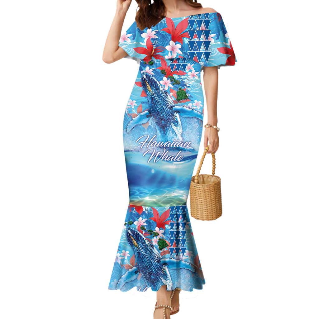 Hawaiian Waves Whale Mermaid Dress Kakau Art and Tropical Red Hibiscus Flowers