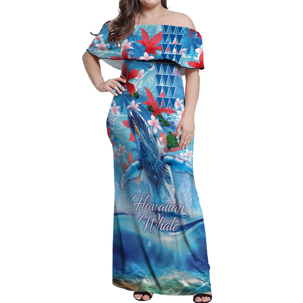 Hawaiian Waves Whale Off Shoulder Maxi Dress Kakau Art and Tropical Red Hibiscus Flowers