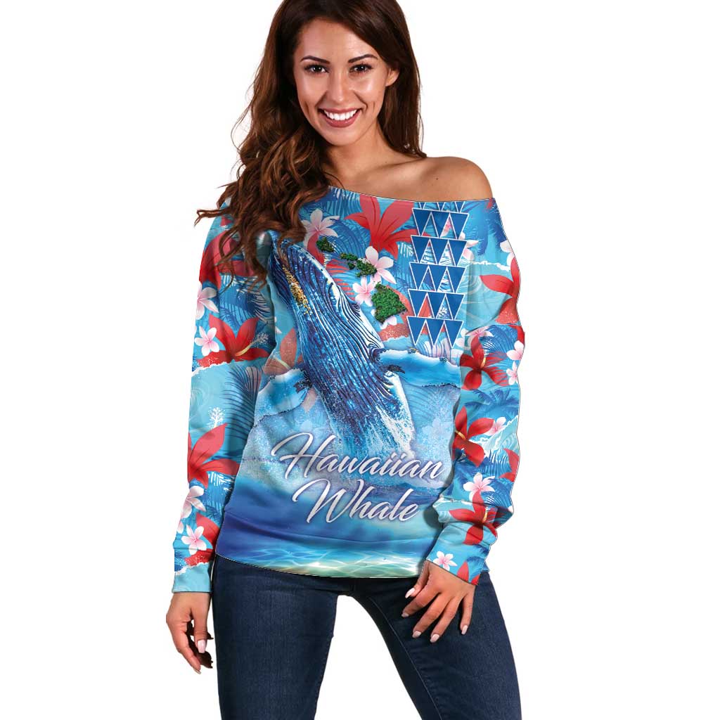 Hawaiian Waves Whale Off Shoulder Sweater Kakau Art and Tropical Red Hibiscus Flowers