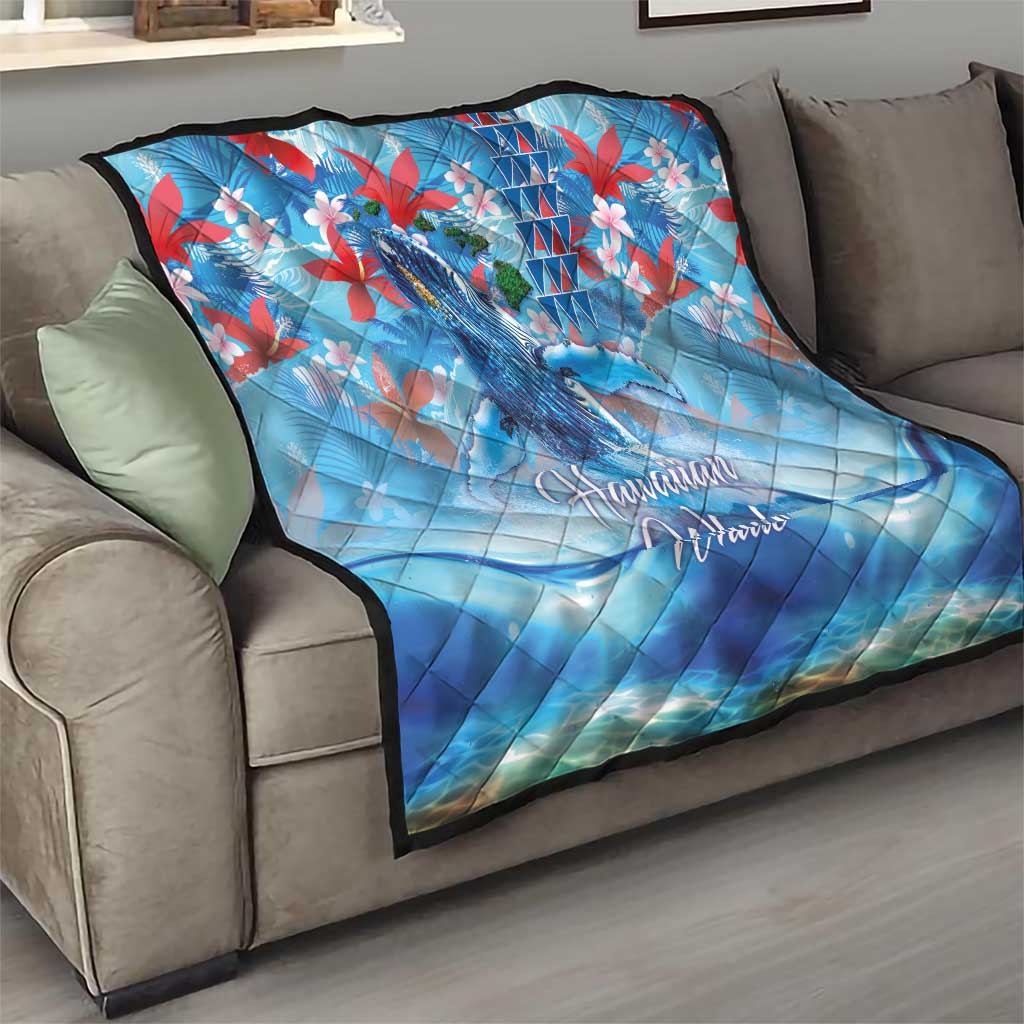 Hawaiian Waves Whale Quilt Kakau Art and Tropical Red Hibiscus Flowers