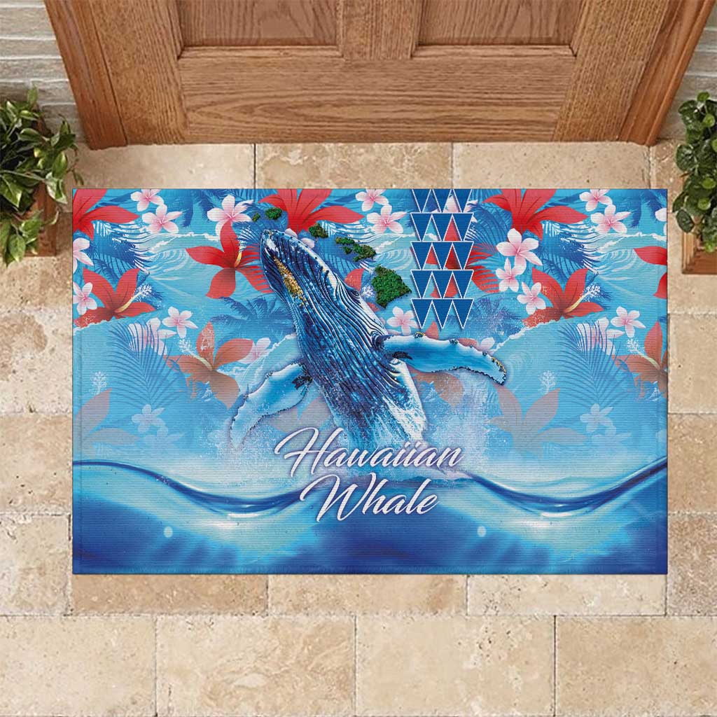 Hawaiian Waves Whale Rubber Doormat Kakau Art and Tropical Red Hibiscus Flowers