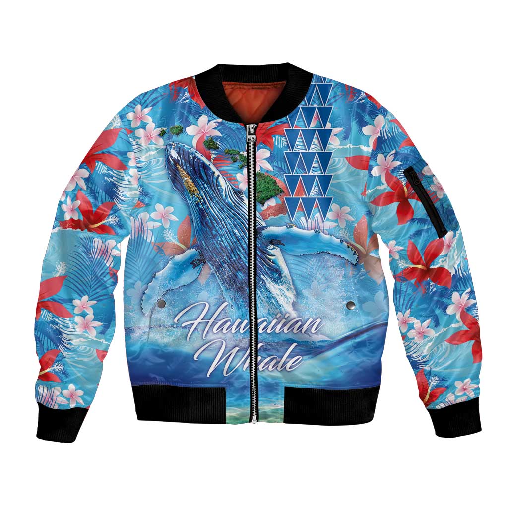 Hawaiian Waves Whale Sleeve Zip Bomber Jacket Kakau Art and Tropical Red Hibiscus Flowers