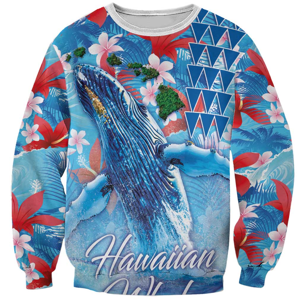 Hawaiian Waves Whale Sweatshirt Kakau Art and Tropical Red Hibiscus Flowers