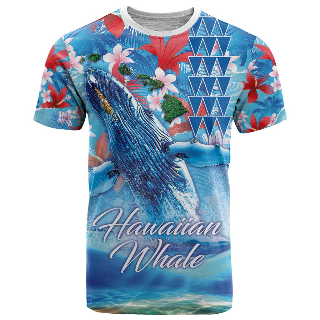 Hawaiian Waves Whale T Shirt Kakau Art and Tropical Red Hibiscus Flowers