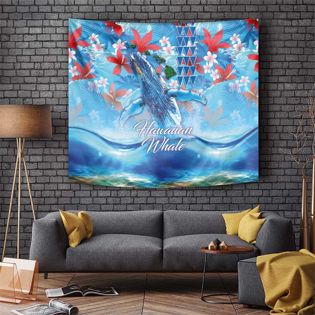 Hawaiian Waves Whale Tapestry Kakau Art and Tropical Red Hibiscus Flowers