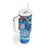 Hawaiian Waves Whale Tumbler With Handle Kakau Art and Tropical Red Hibiscus Flowers