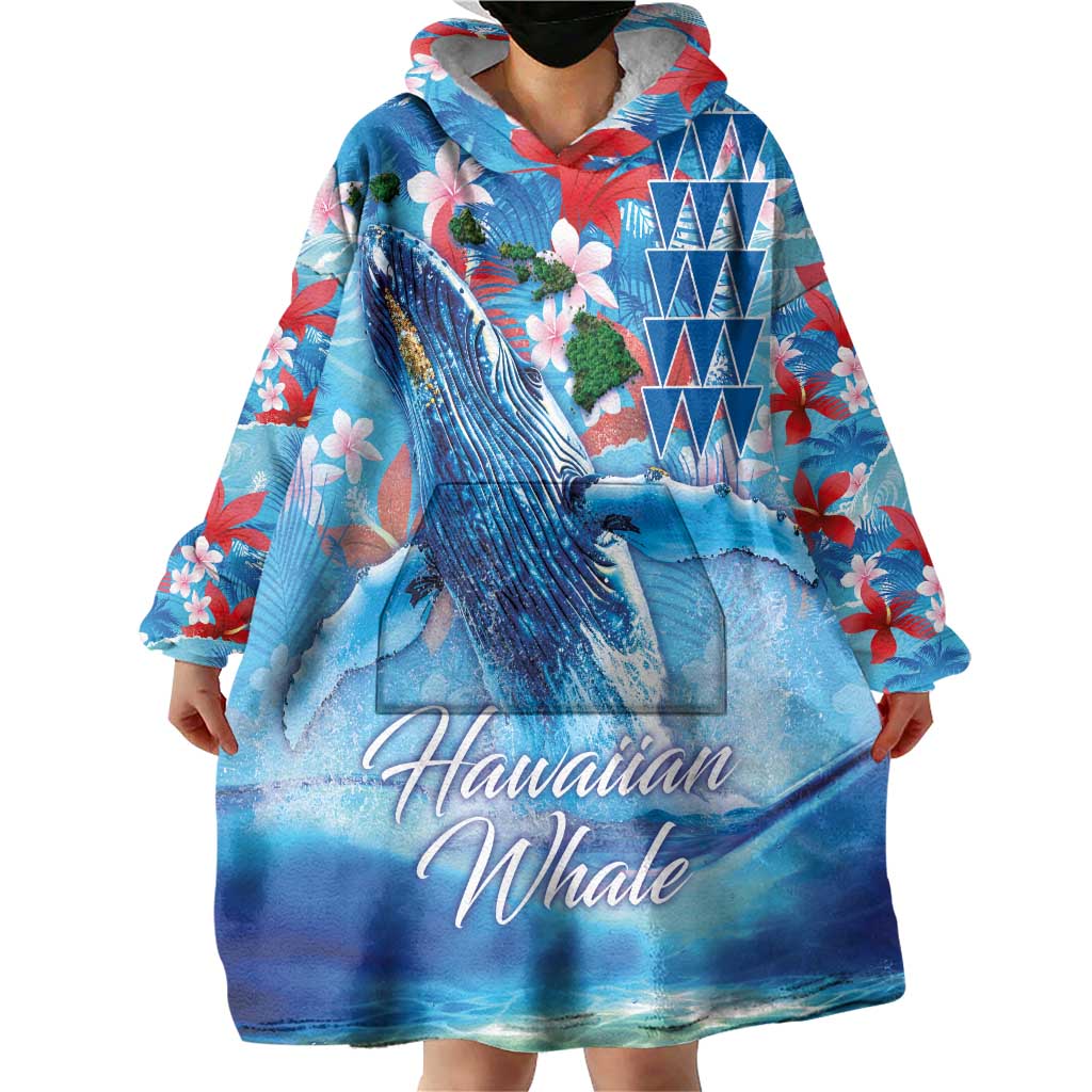Hawaiian Waves Whale Wearable Blanket Hoodie Kakau Art and Tropical Red Hibiscus Flowers