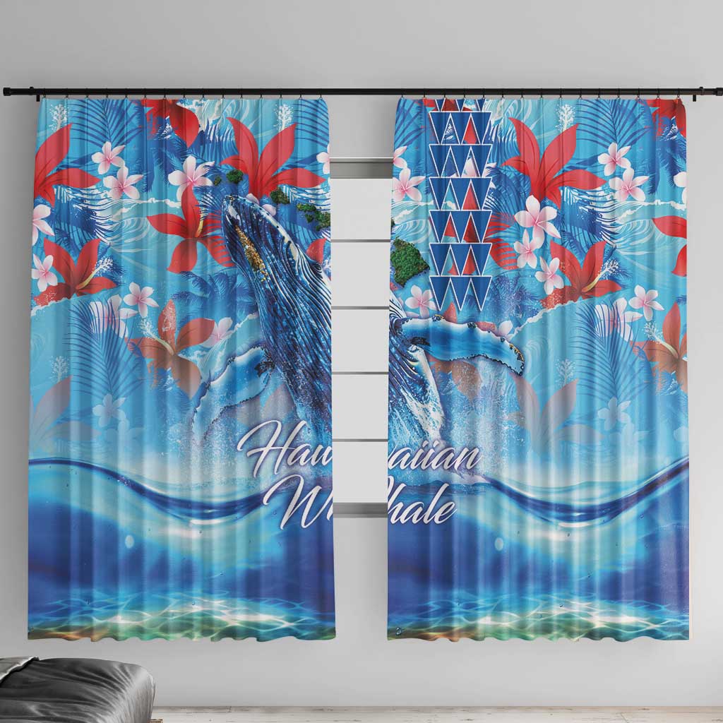 Hawaiian Waves Whale Window Curtain Kakau Art and Tropical Red Hibiscus Flowers