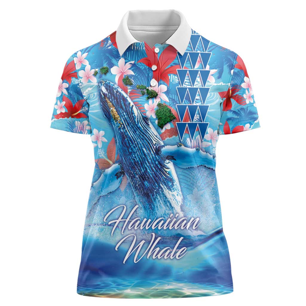 Hawaiian Waves Whale Women Polo Shirt Kakau Art and Tropical Red Hibiscus Flowers