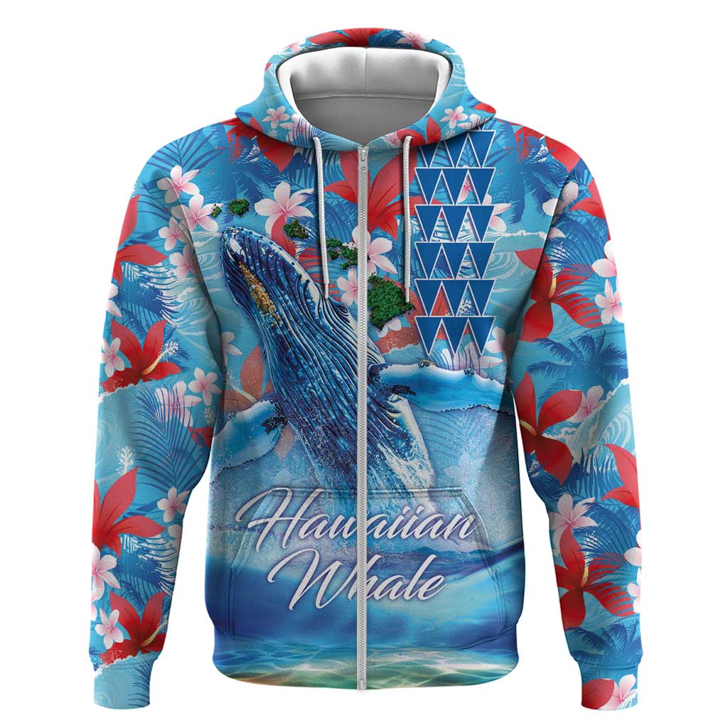 Hawaiian Waves Whale Zip Hoodie Kakau Art and Tropical Red Hibiscus Flowers