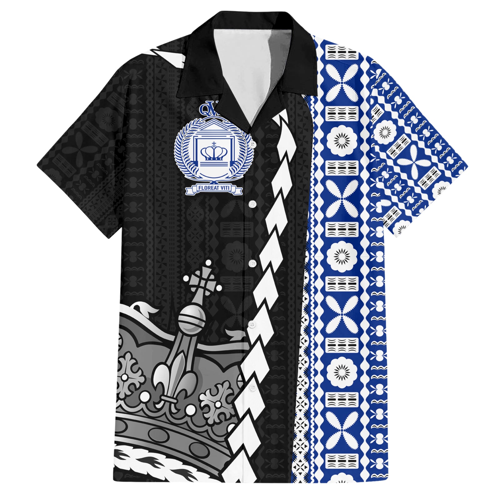 Fiji Queen Victoria School Hawaiian Shirt Tapa and Polynesian Tribal Pattern Half Style LT03 Black - Polynesian Pride