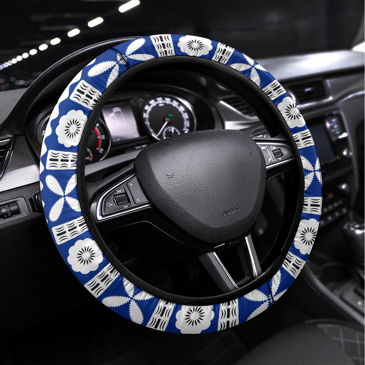 Fiji Queen Victoria School Steering Wheel Cover Tapa and Polynesian Tribal Pattern Half Style LT03 Universal Fit Black - Polynesian Pride