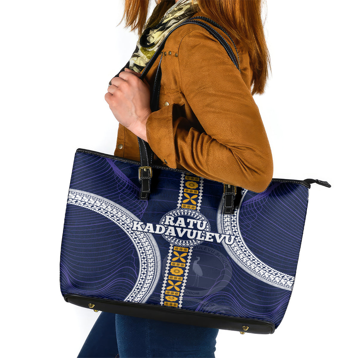 Fiji Ratu Kadavulevu School Leather Tote Bag Tapa and Polynesian Tribal Pattern LT03 Blue - Polynesian Pride