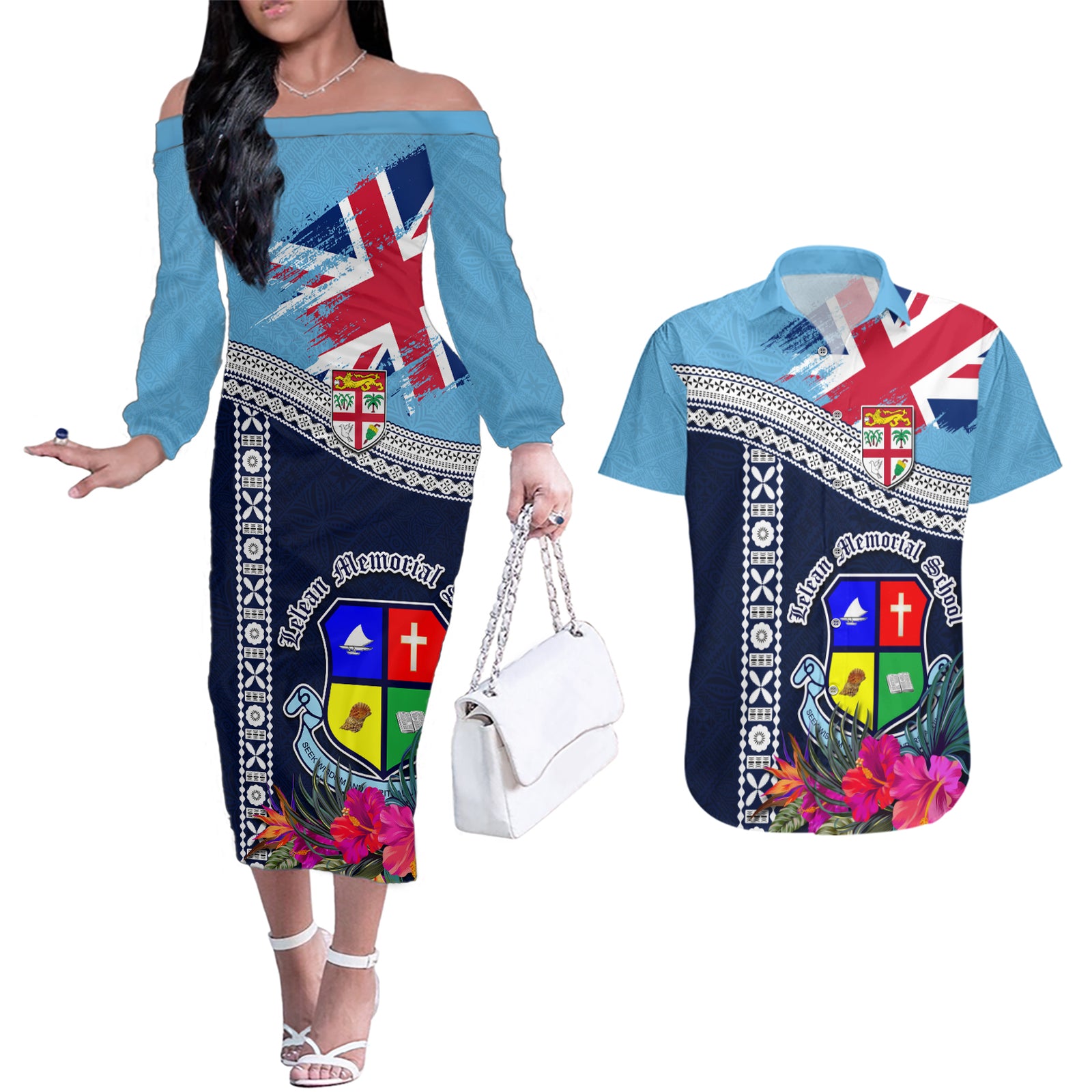Fiji Lelean Memorial School Couples Matching Off The Shoulder Long Sleeve Dress and Hawaiian Shirt Tapa and Polynesian Tribal Pattern LT03 Blue - Polynesian Pride