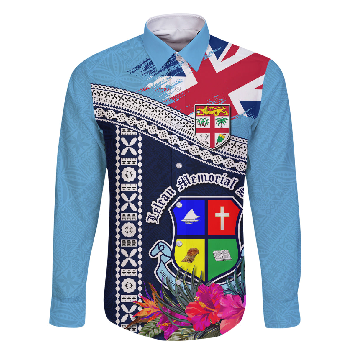 Fiji Lelean Memorial School Family Matching Off Shoulder Short Dress and Hawaiian Shirt Tapa and Polynesian Tribal Pattern LT03 Dad's Shirt - Long Sleeve Blue - Polynesian Pride