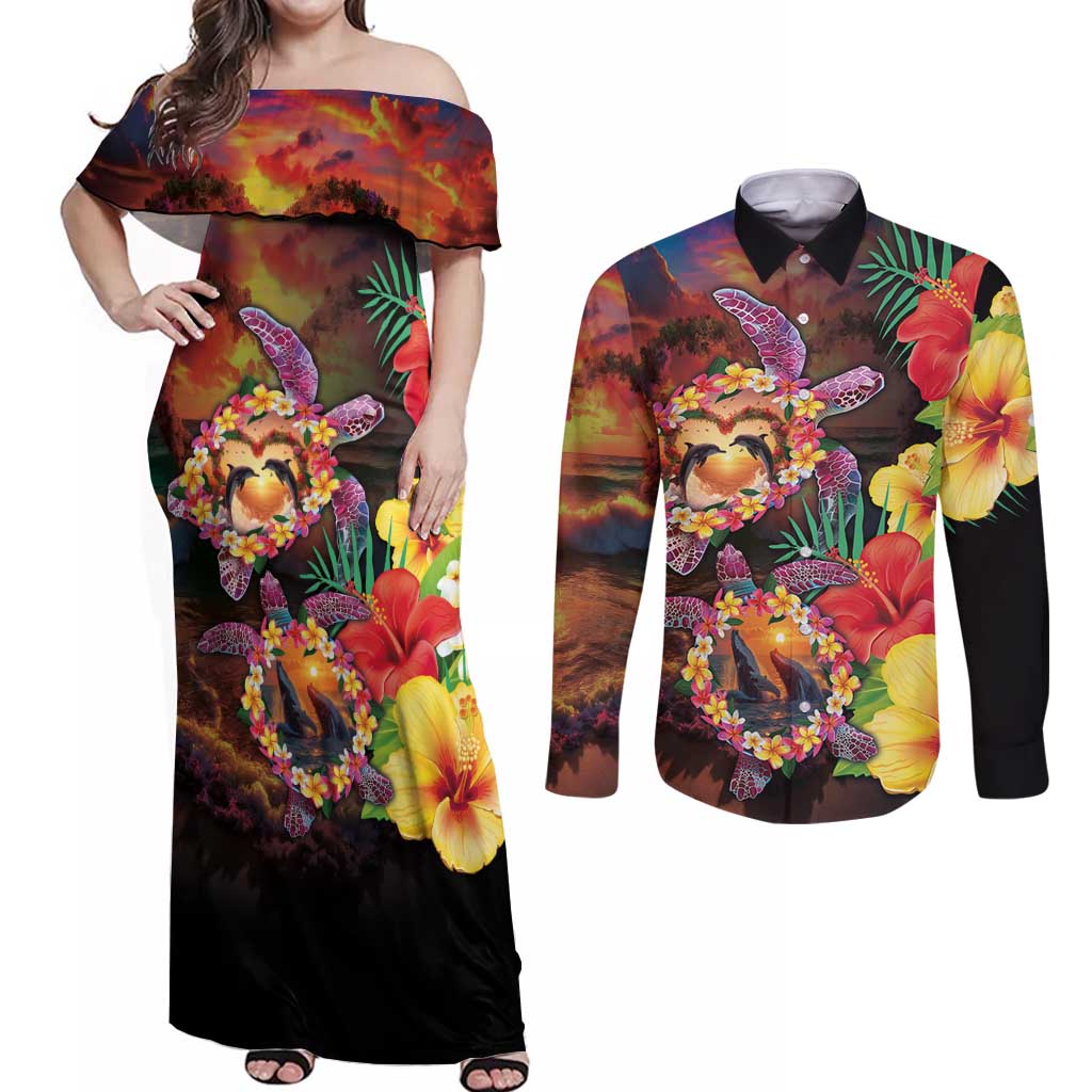 Hawaiian Sea Animals Love Couple Couples Matching Off Shoulder Maxi Dress and Long Sleeve Button Shirt Aloha Sunset Symphony